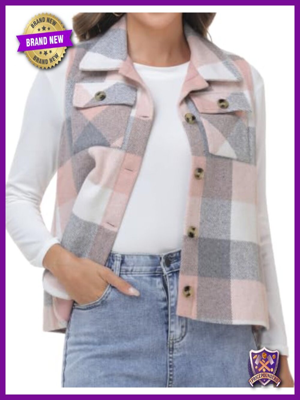 Flannel Plaid Vest Sleeveless Jacket Button Front Lapel Collar